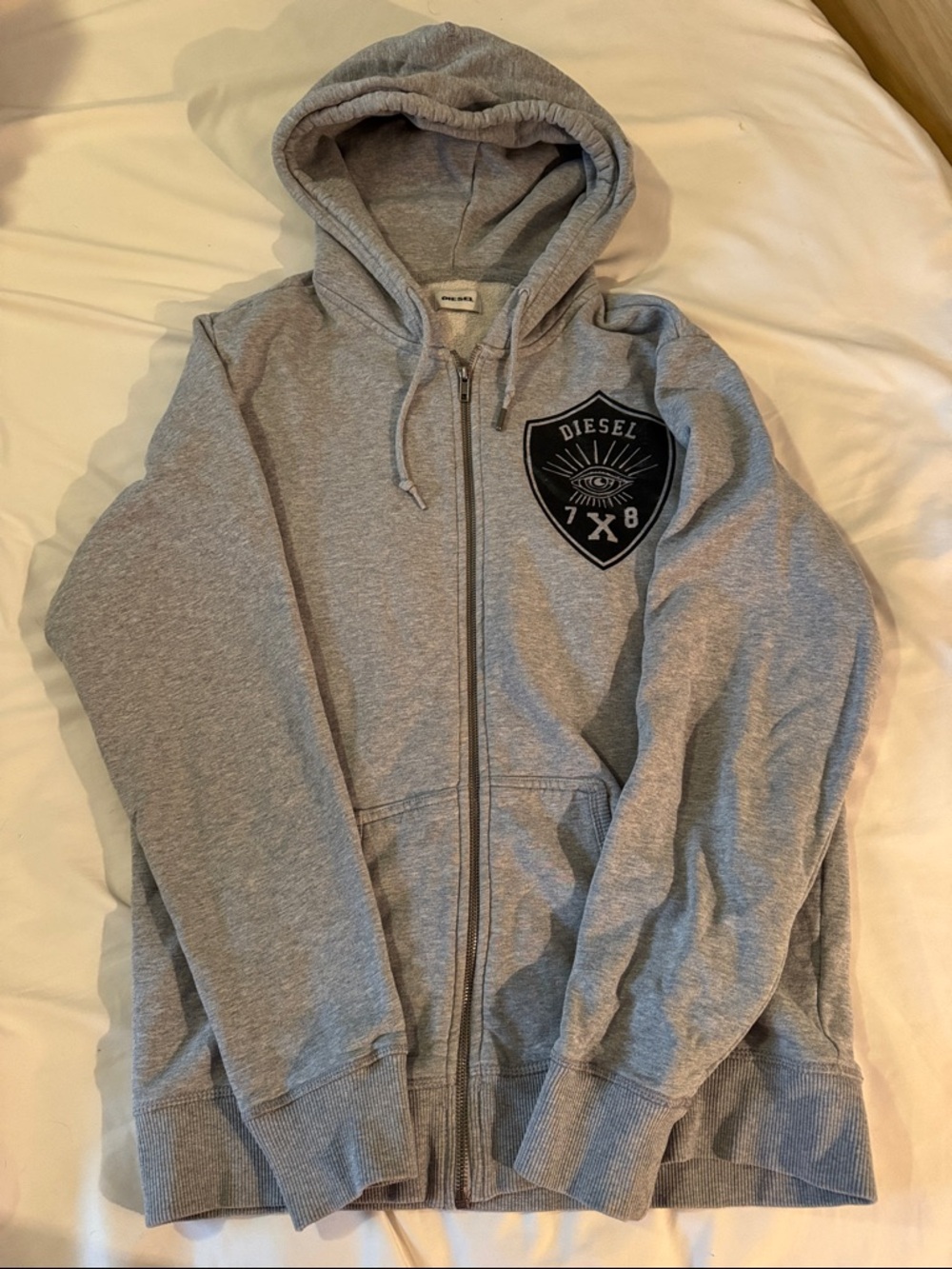 Diesel Light Gray Full-Zip Hoodie with Black Chest Shield